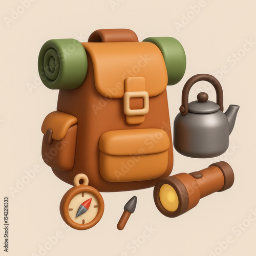 3D Icon of Camping Backpack and Adventure Supplies