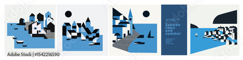 Abstract Coastal Town. Discover a stunning geometric coastal town, featuring colorful buildings, serene sea views, and vibrant landscapes. Perfect for travel