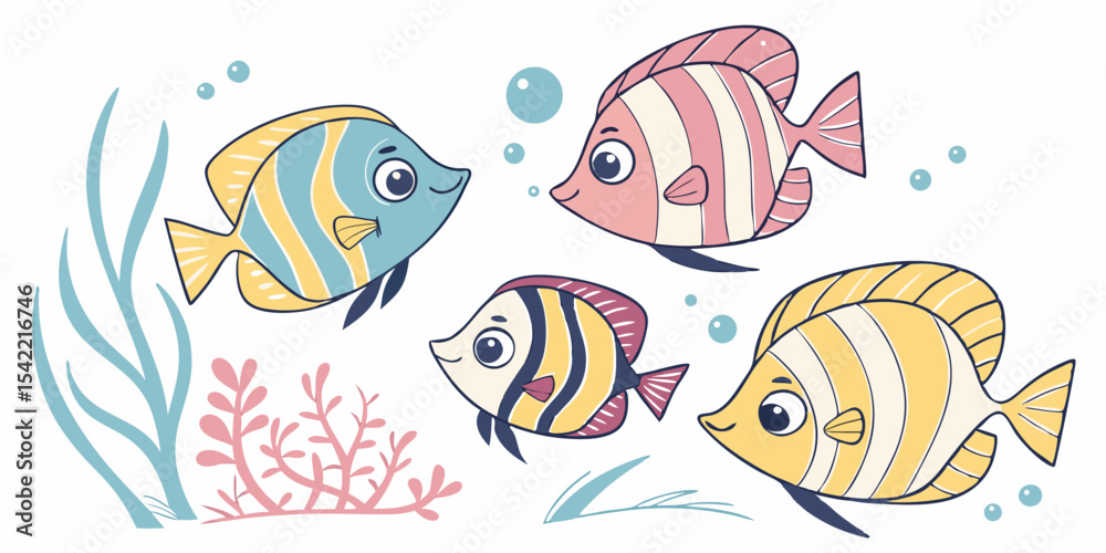 Fototapeta premium Colorful vector illustration of tropical fish swimming in a vibrant underwater ocean scene