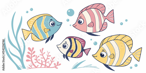 Colorful vector illustration of tropical fish swimming in a vibrant underwater ocean scene