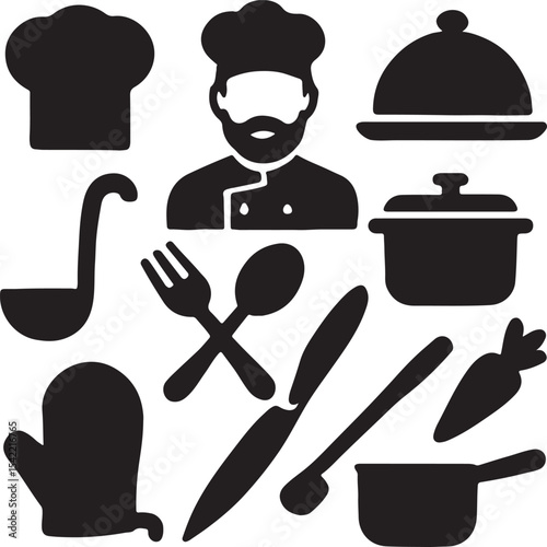 Cooking and kitchen utensil icon set. Containing chef hat, frying pan, pot, spatula, whisk, knife, cutting board, food cloche, and oven mitt symbols. Culinary tool silhouettes. Solid icon collection.