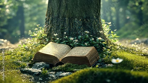 An open antique book resting at the base of a tree, surrounded by vibrant greenery and flowers