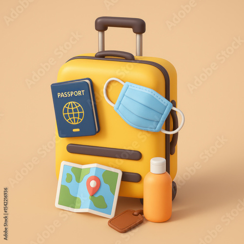 3D Icon of Travel Suitcase and Luggage Essentials