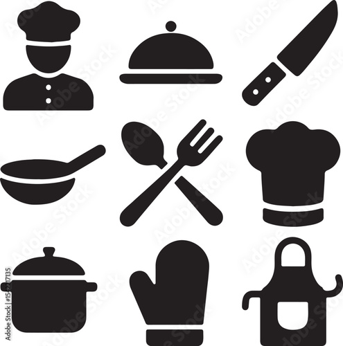 Cooking and kitchen utensil icon set. Containing chef hat, frying pan, pot, spatula, whisk, knife, cutting board, food cloche, and oven mitt symbols. Culinary tool silhouettes. Solid icon collection.