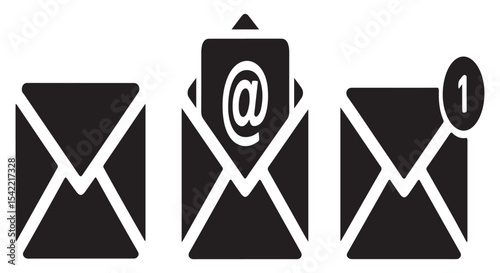 email icons set: closed envelope, at symbol with notification badge for digital communication design graphics