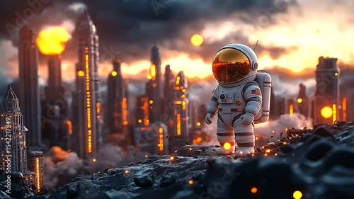 Astronaut standing on a rocky surface amidst a futuristic city skyline at sunset