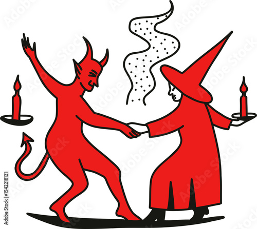 Animated illustration of a red devil and a witch dancing holding hands. Halloween celebration or Walpurgis night concept.