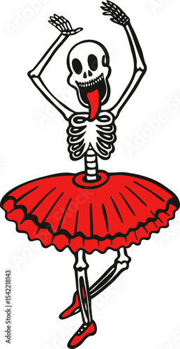 Skeleton ballerina dancing with a red tutu and shoes, perfect for Halloween, Day of the Dead, or costume parties.