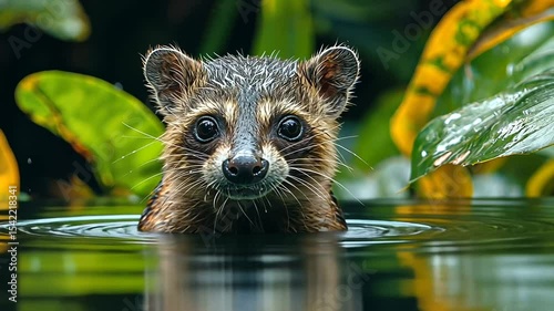 Close-up of a curious mammal swimming in a lush, tropical environment with vibrant foliage