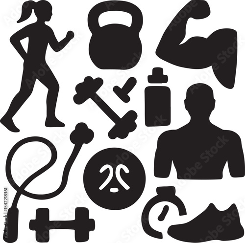 Fitness and health icon set. Workout and wellness silhouette