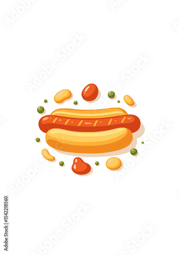 Colorful Cartoon Hot Dog with Sausage and Bun Surrounded by Ketchup, Mustard and Vegetables on White Background for Food Design and Fast Food Concepts