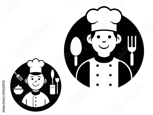 Black and White Illustrations of Cartoon Chefs with Cooking Utensils