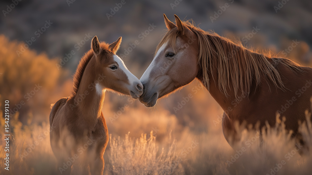 Obraz premium Horse and Foal Nuzzling in a Serene Pasture at Golden Hour
