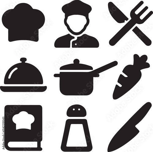 Cooking and kitchen utensil icon set. Containing chef hat, frying pan, pot, spatula, whisk, knife, cutting board, food cloche, and oven mitt symbols. Culinary tool silhouettes. Solid icon collection.