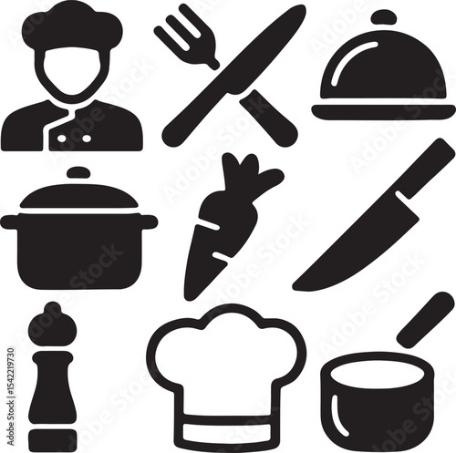 Cooking and kitchen utensil icon set. Containing chef hat, frying pan, pot, spatula, whisk, knife, cutting board, food cloche, and oven mitt symbols. Culinary tool silhouettes. Solid icon collection.