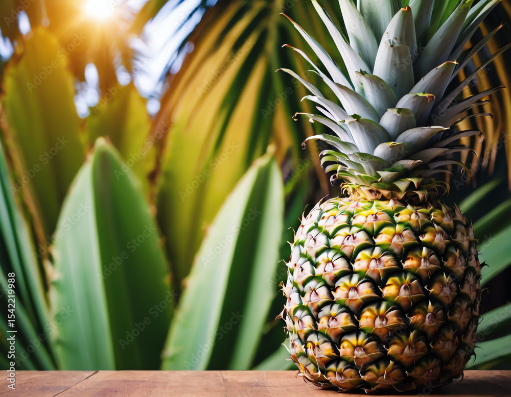 Obraz premium Ripe Pineapple on Wooden Surface with Tropical Leaves Background