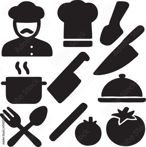 Cooking and kitchen utensil icon set. Containing chef hat, frying pan, pot, spatula, whisk, knife, cutting board, food cloche, and oven mitt symbols. Culinary tool silhouettes. Solid icon collection.