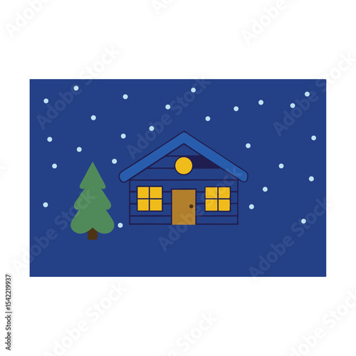 Snow-covered house, a cozy winter home with festive Christmas lights and architectural charm