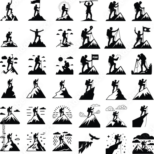Climber Reaching Mountain Top – Adventure Silhouette Icon Set Mountaineer on Peak Icon Silhouette Set – Victory on the Summit