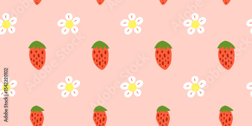 Cute pink seamless pattern with wild strawberries and flowers. Natural summer background with garden or forest berries. Perfect for kids clothes, giftware, womenswear, wrapping paper, etc.