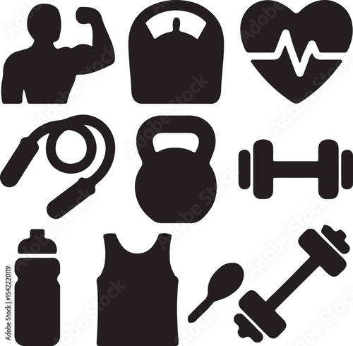 Fitness and health icon set. Workout and wellness silhouette