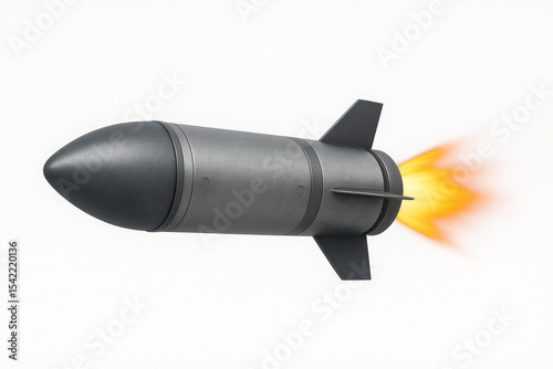 3D Rendered Surface-to-Surface Missile with Flame Trail on White Background
