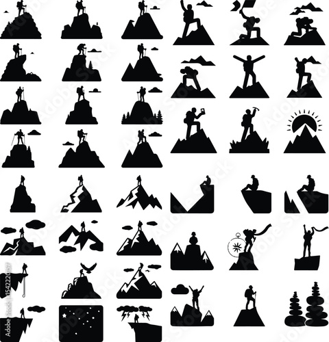 Climber Reaching Mountain Top – Adventure Silhouette Icon Set Mountaineer on Peak Icon Silhouette Set – Victory on the Summit