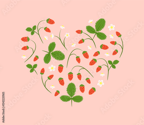 Hand drawn colorful wild strawberries, leaves and flowers composed in heart shape isolated on pink background. Cute composition with garden or forest strawberries.