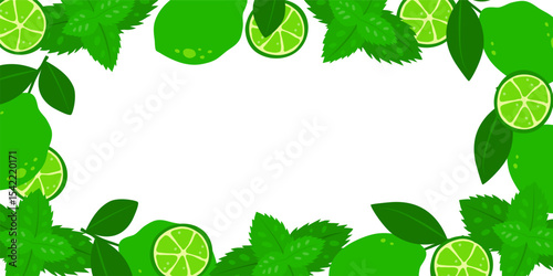 Horizontal background with mohito ingredients. Summer banner with mint and limes and empty space for text.