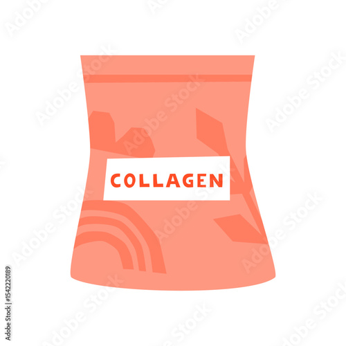 Flat beauty collagen supplement package isolated on white background. Feminine anti aging product. Drinking collagen powder icon. Skin health concept.