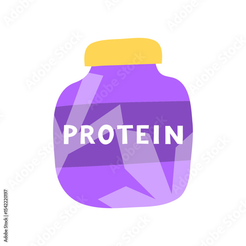 Flat whey protein supplement in plastic bottle isolated on white background. Healthy product for sportsman. Drinking protein powder icon.