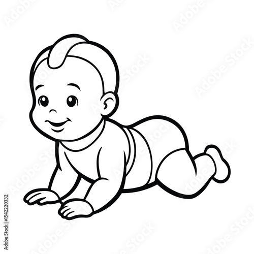 Playful Baby Crawling on Belly Black and White Outline Vector, Happy Baby Crawling Illustration, Minimal Infant Belly Crawl Drawing, Cute Baby with Motion Lines Art
