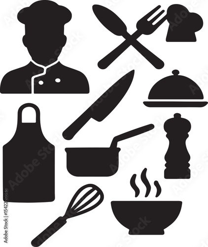 Cooking and kitchen utensil icon set. Containing chef hat, frying pan, pot, spatula, whisk, knife, cutting board, food cloche, and oven mitt symbols. Culinary tool silhouettes. Solid icon collection.