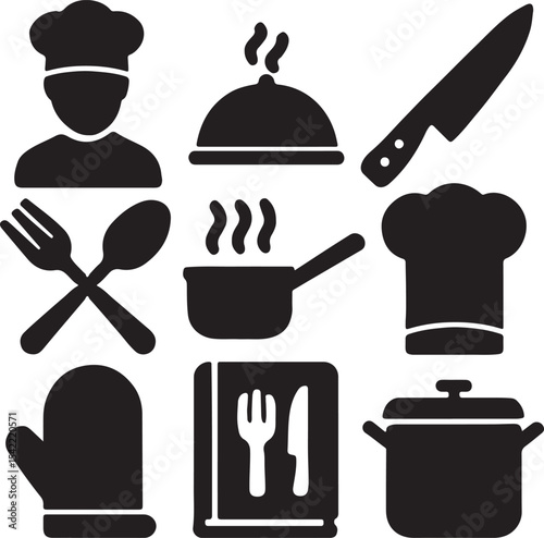 Cooking and kitchen utensil icon set. Containing chef hat, frying pan, pot, spatula, whisk, knife, cutting board, food cloche, and oven mitt symbols. Culinary tool silhouettes. Solid icon collection.