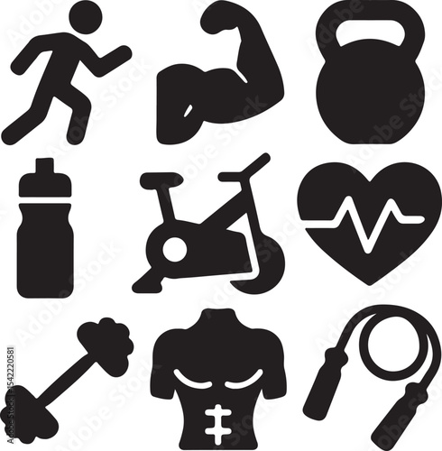 Fitness and health icon set. Containing muscle flex, barbell, kettlebell, smartwatch with heart rate, stationary bike, jump rope, running person, apple, and sportswear. Workout and wellness silhouette