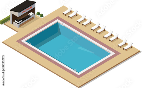 Isometric public swimming pool with small snack bar