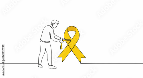 A person tying a yellow ribbon.