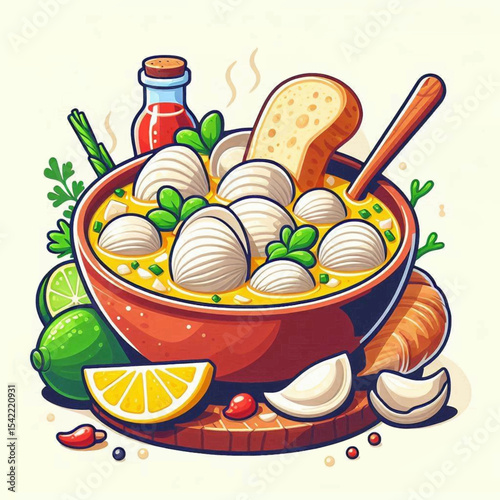 Illustration of a red bowl filled with dumplings in broth bread and garnishes