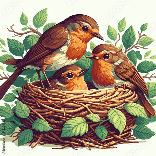 Three adorable robins in a cozy nest surrounded by lush green leaves and branches