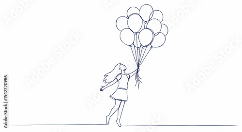 A sketch of a young girl floating with a collection of balloons, symbolizing freedom and joy. 