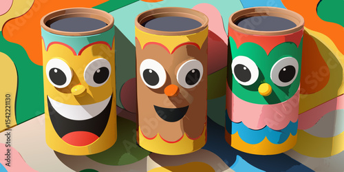 Set of Three Colorful Cylindrical Packages with Cute Cartoon Faces in Box – Playful Modern Packaging Design – Generative AI