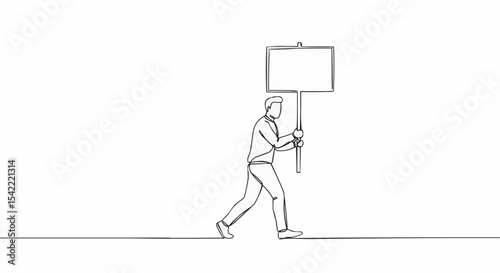 Single line drawing of a person carrying a blank sign.