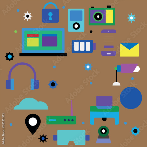 vector layout of electronic gadgets, communication tools, and multimedia icons 