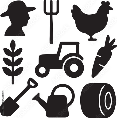 Farming and agriculture icon set. Containing farmer, tractor, corn, barn, pitchfork and shovel, hay bale, and cow. Rural life and organic farming silhouettes. Solid icon collection.