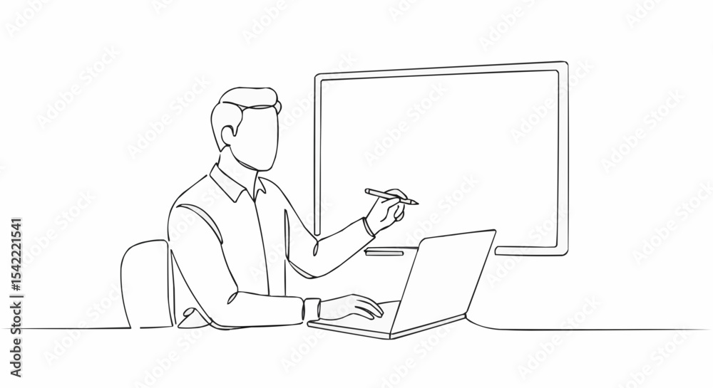 A drawing of a teacher using a laptop and presenting on a whiteboard. A drawing of a teacher using a laptop and presenting on a whiteboard.