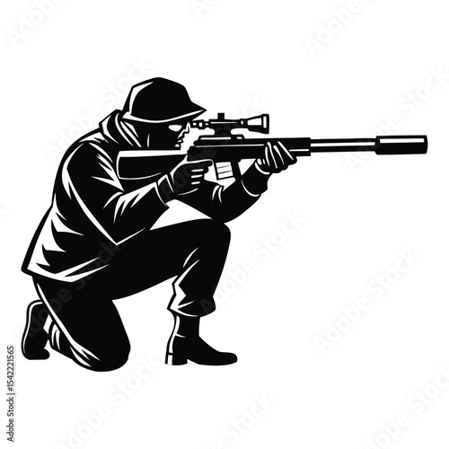Sniper Silhouette Vector Illustration – Tactical Shooter Clipart in Black and White

