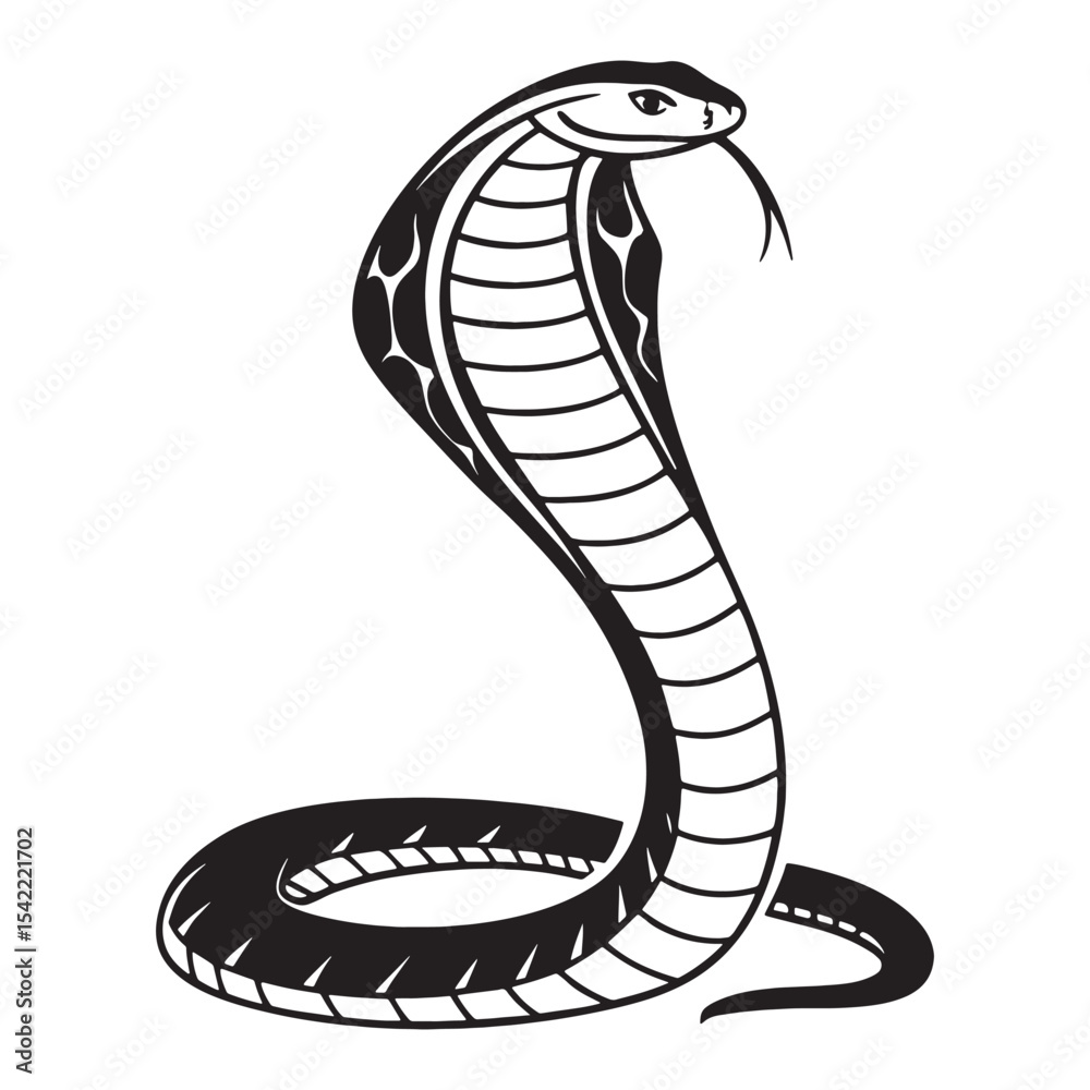 Fototapeta premium Cobra Snake Vector Clipart – Aggressive Serpent Illustration in Black and White