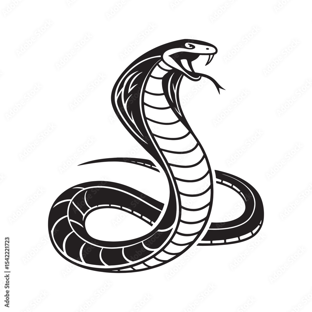 Fototapeta premium Cobra Snake Vector Clipart – Aggressive Serpent Illustration in Black and White