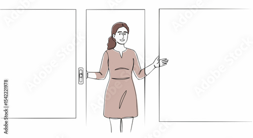 Woman Standing by the Door welcoming gesture. 