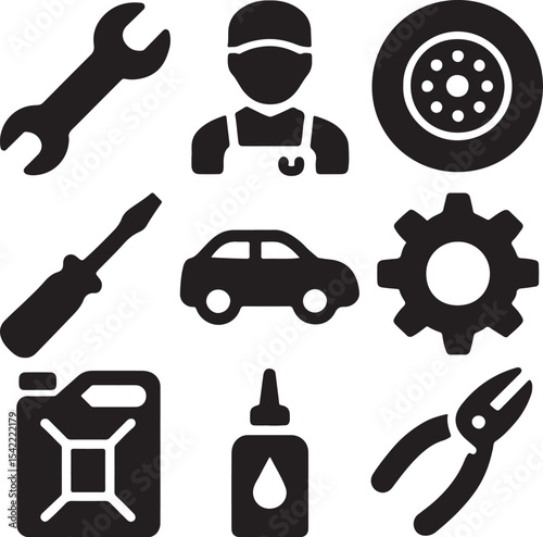 Mechanic and automotive service icon set. Containing mechanic avatar, gear with wrench, screwdriver, oil drop, battery, overalls, and toolbox symbols. Garage and vehicle repair silhouettes. Solid icon